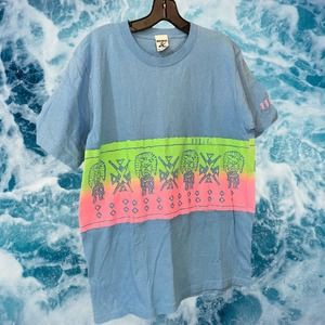 Vintage Hobie Shirt Adult XL blue multicolored neon Surf 90s Single Stitch.